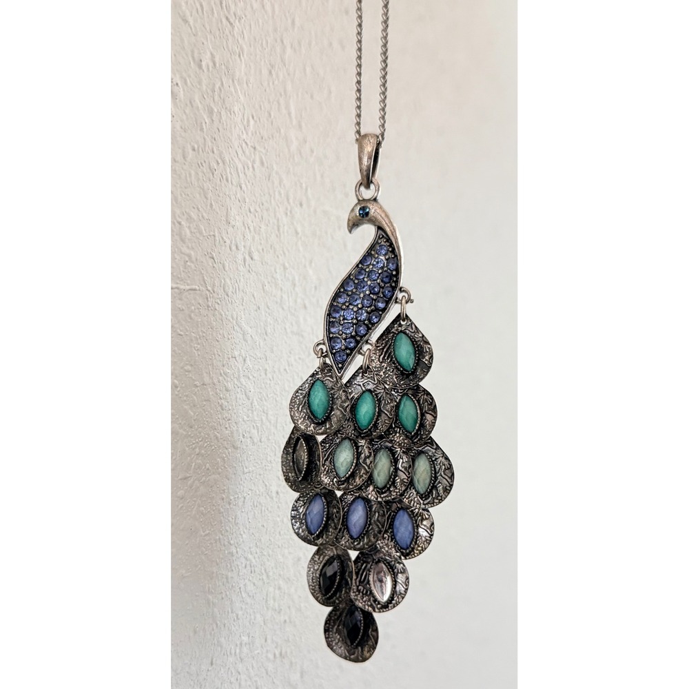 Vintage Style Articulated Peacock Pendant Necklace Silver Tone Blue Green Stones